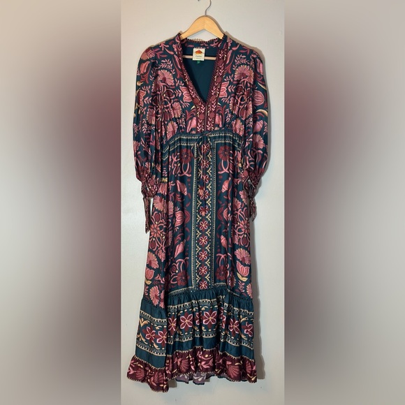 FARM Rio Dresses & Skirts - FARM Rio Teal Maxi Dress with Pink Floral Print 3/4 length Sleeve Boho Size S